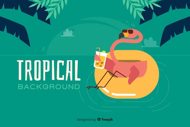 Gratis vector platte tropische achtergrond met flamingo