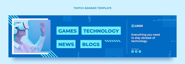 Gratis vector platte twitch banner met minimale technologie