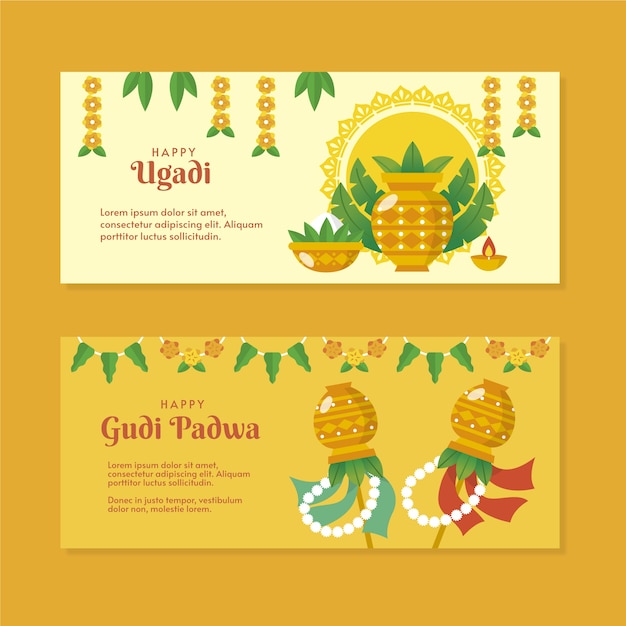 Platte ugadi horizontale banners set