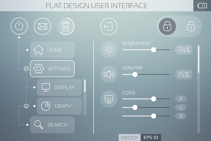 Gratis Vector platte ui-sjabloon met pictogrammen, knoppen, schuifregelaars en webelementen voor mobiel menu en navigatie