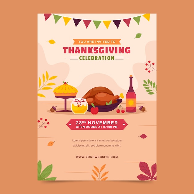 Gratis vector platte uitnodigingssjabloon voor thanksgiving day-viering