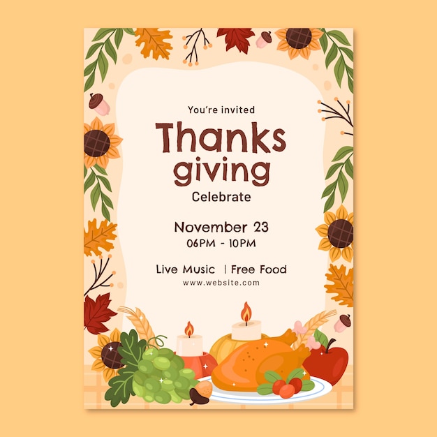 Gratis vector platte uitnodigingssjabloon voor thanksgiving-feest met kalkoen en bladeren