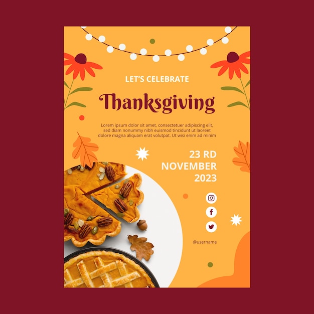 Gratis vector platte uitnodigingssjabloon voor thanksgiving met bloemen en bladeren