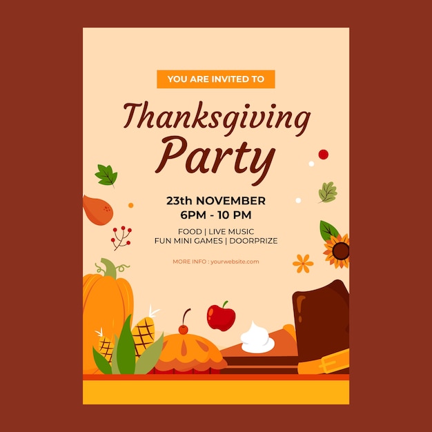 Gratis vector platte uitnodigingssjabloon voor thanksgiving met gesphoed en taart