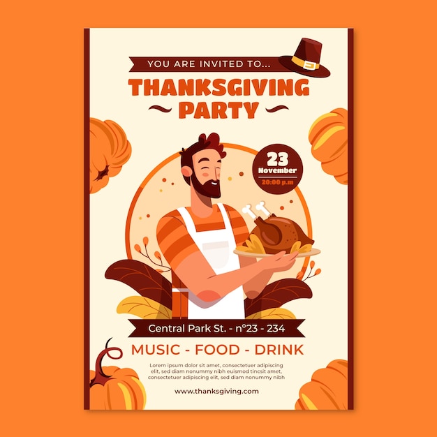 Gratis vector platte uitnodigingssjabloon voor thanksgiving met man die gekookte kalkoen vasthoudt