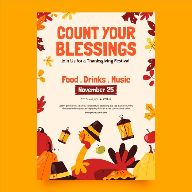 Gratis vector platte uitnodigingssjabloon voor thanksgiving met turkije en lantaarns