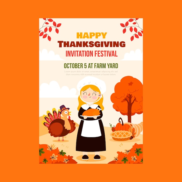 Gratis vector platte uitnodigingssjabloon voor thanksgiving-viering