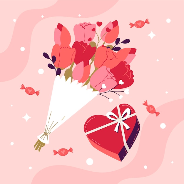 Platte Valentijnsdag bloemen illustratie