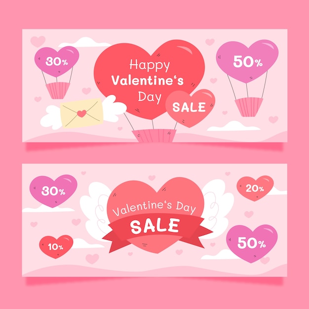 Gratis vector platte valentijnsdag horizontale banners set