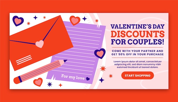 Gratis vector platte valentijnsdag horizontale verkoop banner sjabloon