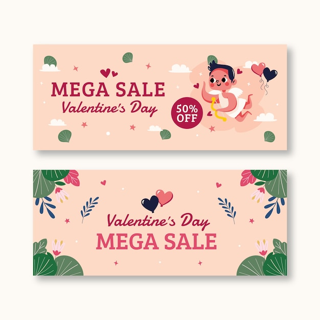 Platte valentijnsdag verkoop horizontale banners set