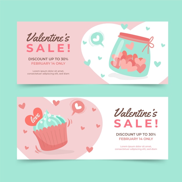 Platte valentijnsdag verkoop horizontale banners set