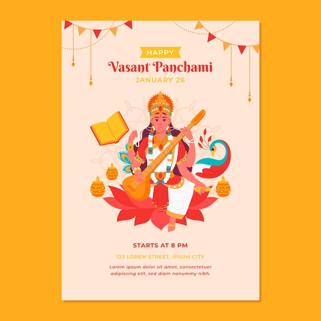 Gratis vector platte vasant panchami festival verticale poster sjabloon