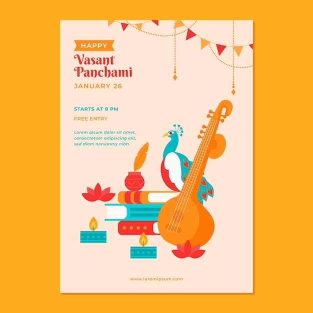 Gratis vector platte vasant panchami festival verticale poster sjabloon