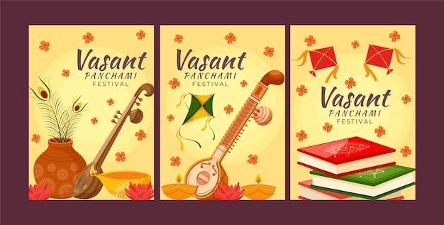 Gratis vector platte vasant panchami wenskaarten collectie