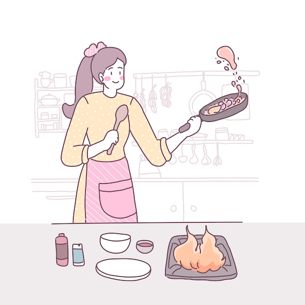 Platte vectorillustratie met een meisje dat in de keuken kookt