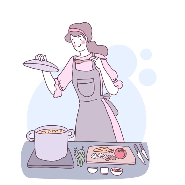 Platte vectorillustratie met een meisje dat in de keuken kookt