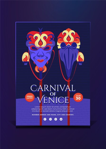 Gratis vector platte venetië carnaval verticale poster sjabloon