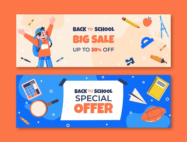 Gratis vector platte verkoopbanners voor terug naar school-evenement