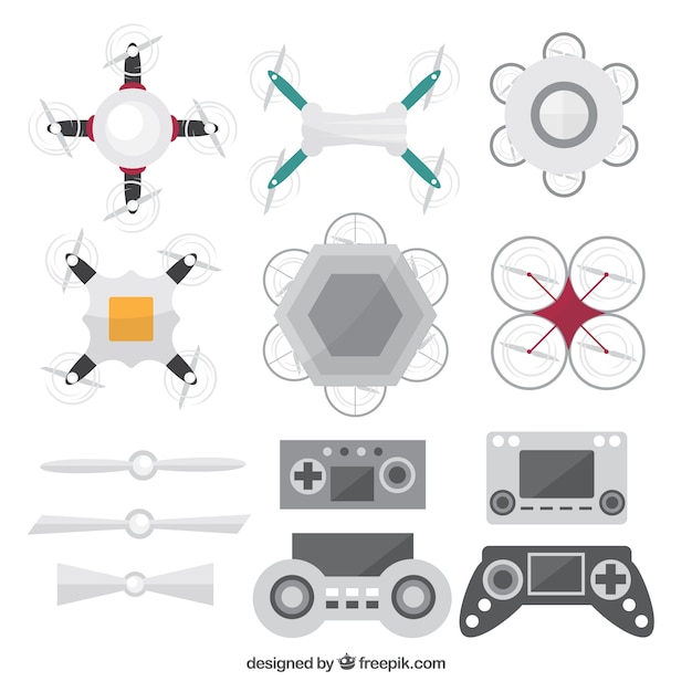 Gratis vector platte verscheidenheid van drone elementen