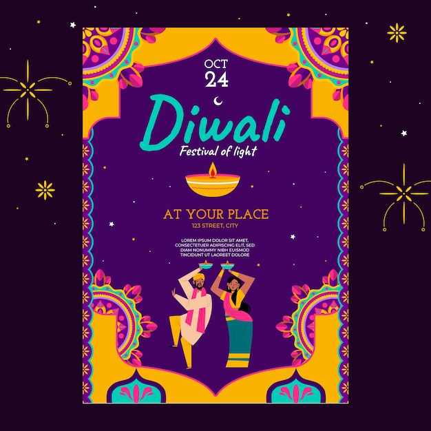 Gratis vector platte verticale flyer-sjabloon voor diwali-viering