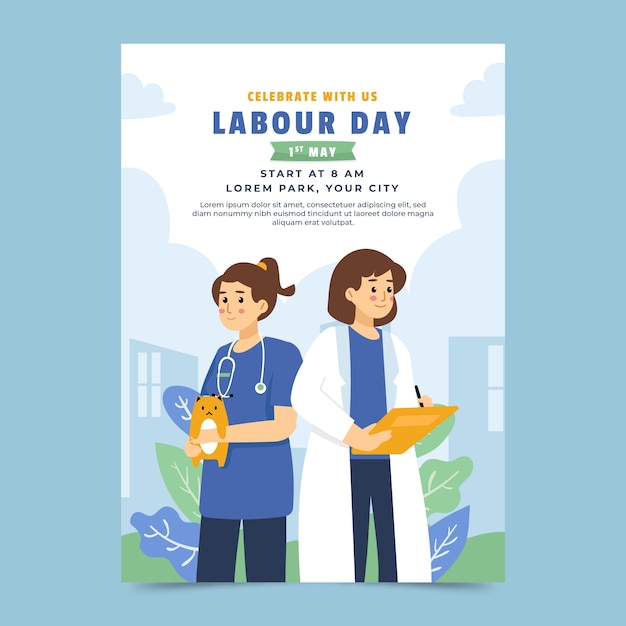 Gratis vector platte verticale poster sjabloon voor de viering van de dag van de arbeid