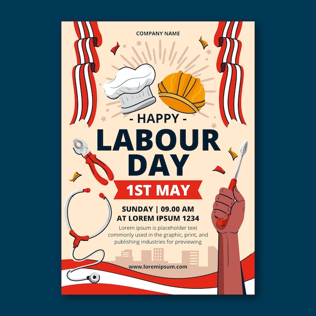 Gratis vector platte verticale poster sjabloon voor de viering van de dag van de arbeid