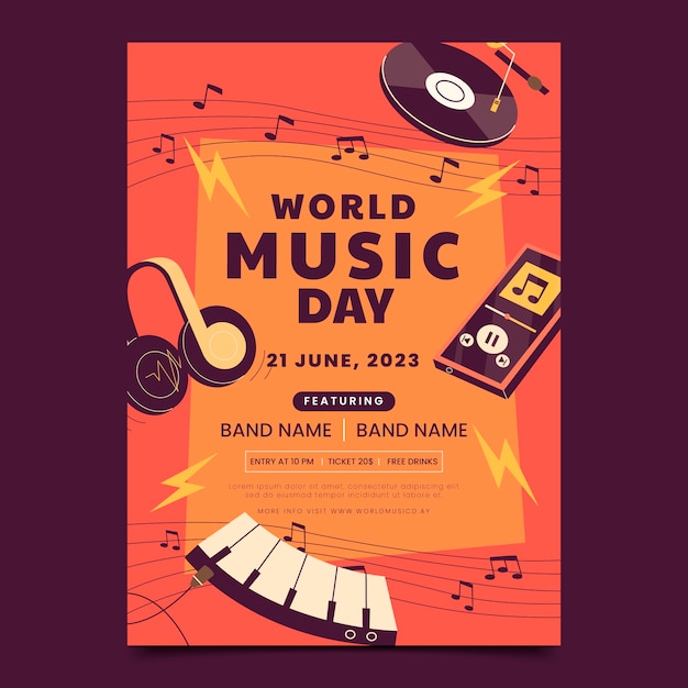 Gratis vector platte verticale poster sjabloon voor de viering van de dag van de wereldmuziek