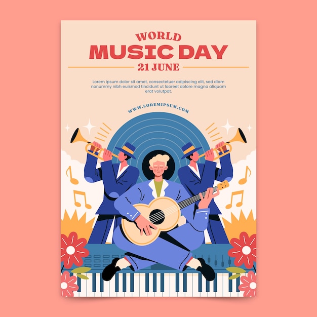 Platte verticale poster sjabloon voor de viering van de dag van de wereldmuziek