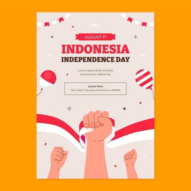 Gratis vector platte verticale poster sjabloon voor de viering van de onafhankelijkheidsdag van indonesië