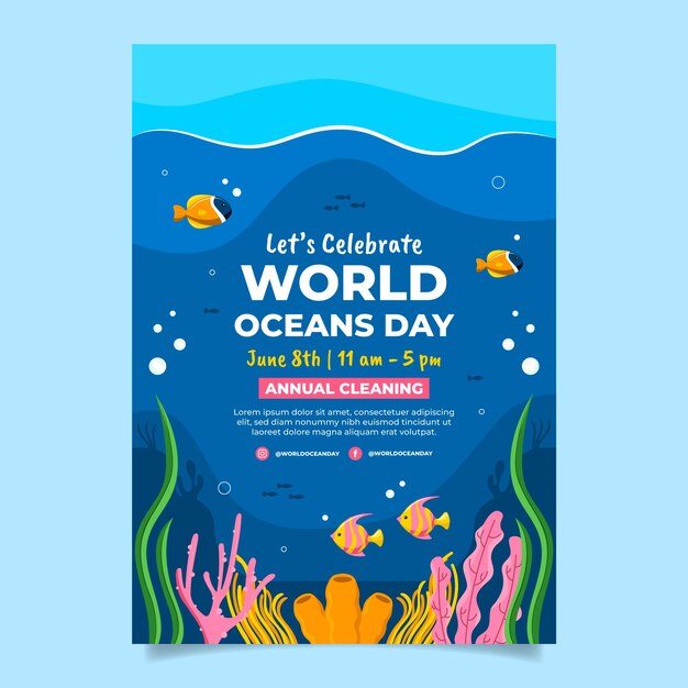 Platte verticale poster sjabloon voor de viering van de wereld oceanen dag