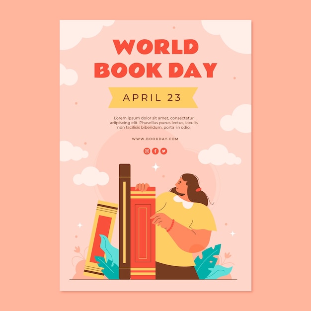 Gratis vector platte verticale poster sjabloon voor de viering van de wereldboekdag