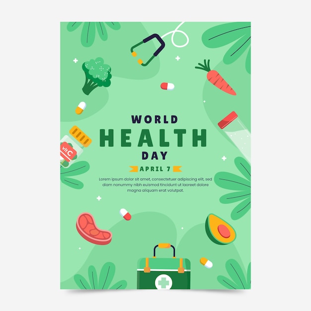 Gratis vector platte verticale poster sjabloon voor de viering van de wereldgezondheidsdag