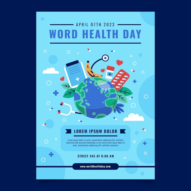 Gratis vector platte verticale poster sjabloon voor de viering van de wereldgezondheidsdag