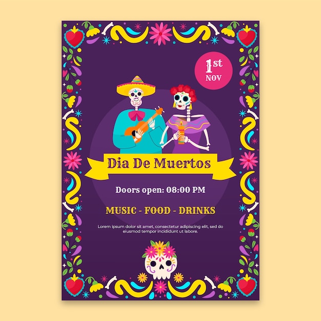 Gratis vector platte verticale poster sjabloon voor dia de muertos viering