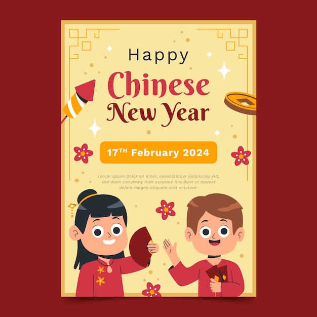 Gratis vector platte verticale poster sjabloon voor het chinese nieuwjaarsfeest