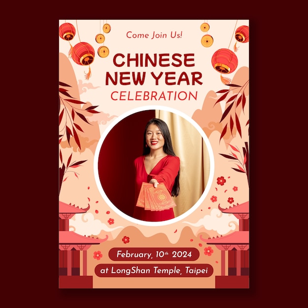 Gratis vector platte verticale poster sjabloon voor het chinese nieuwjaarsfeest