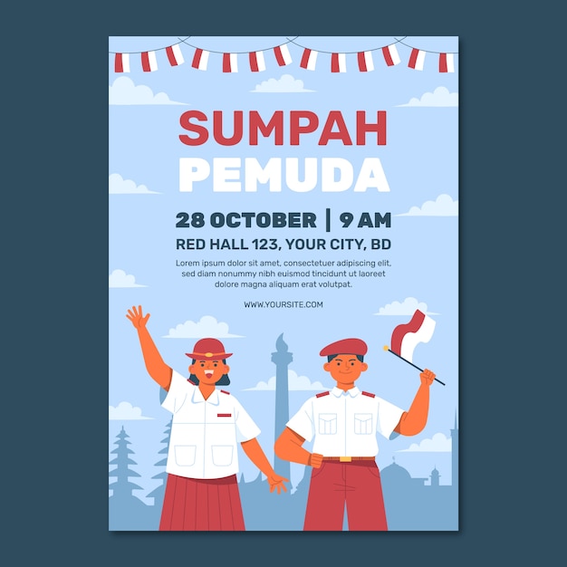 Gratis vector platte verticale poster sjabloon voor indonesische sumpah pemuda-viering