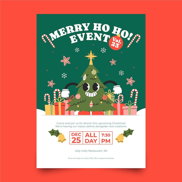 Gratis vector platte verticale poster sjabloon voor kerstviering met boom en cadeautjes