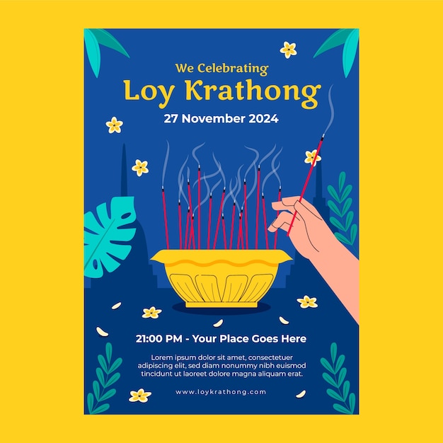 Gratis vector platte verticale poster sjabloon voor loy krathong thai festival viering