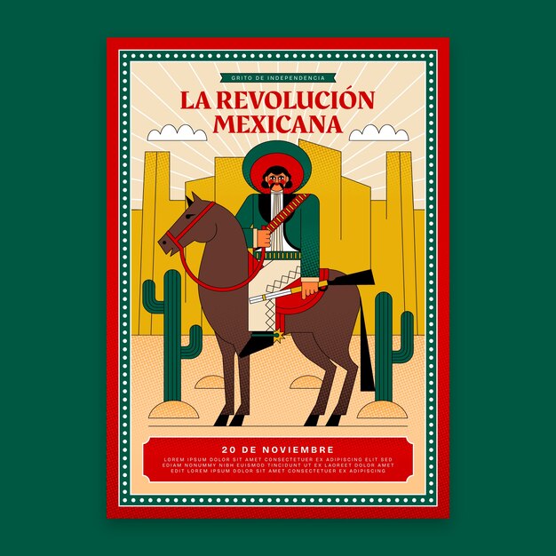 Platte verticale poster sjabloon voor Mexicaanse revolutie met soldaat te paard