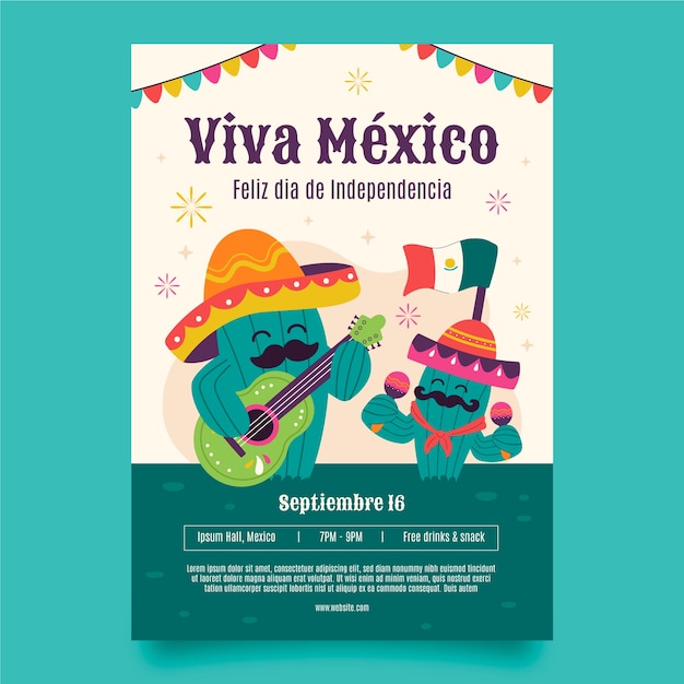 Gratis vector platte verticale postersjabloon voor de onafhankelijkheidsviering van mexico