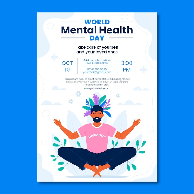 Gratis vector platte verticale postersjabloon voor werelddag voor geestelijke gezondheid