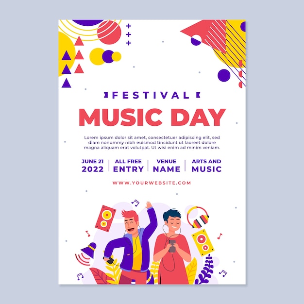 Gratis vector platte verticale postersjabloon voor wereldmuziekdag