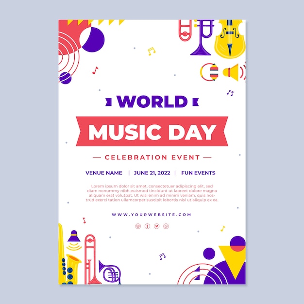 Gratis vector platte verticale postersjabloon voor wereldmuziekdag