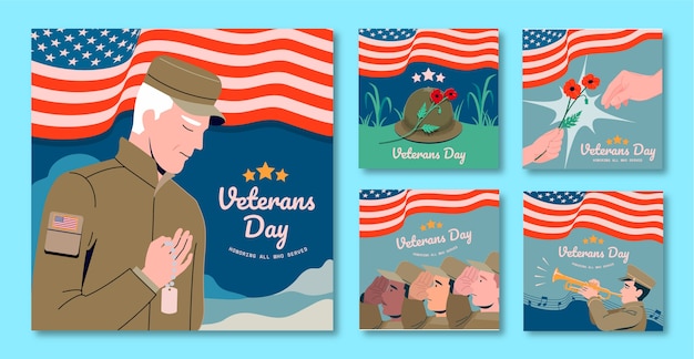 Gratis vector platte veteranendag instagram berichtencollectie