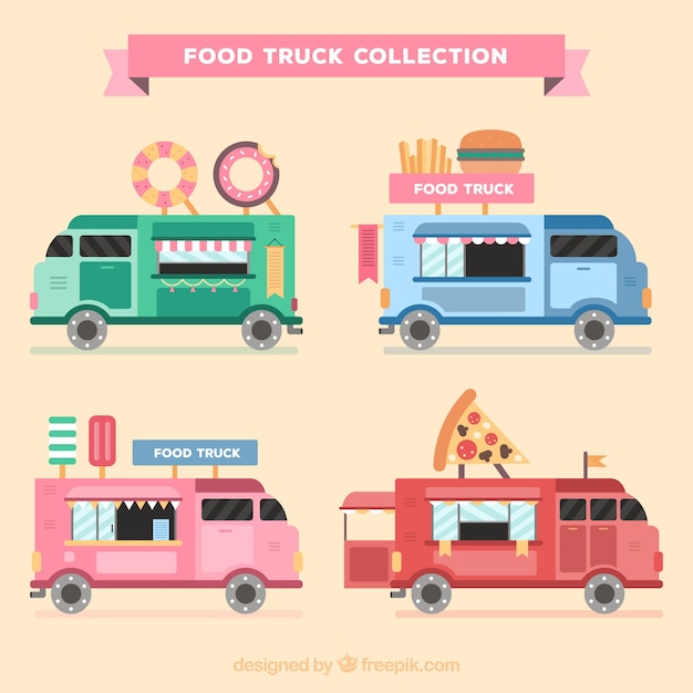 Gratis vector platte voedselwagens met mooie stijl