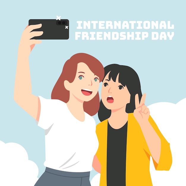 Platte vriendschapsdagillustratie met vrienden die een selfie maken
