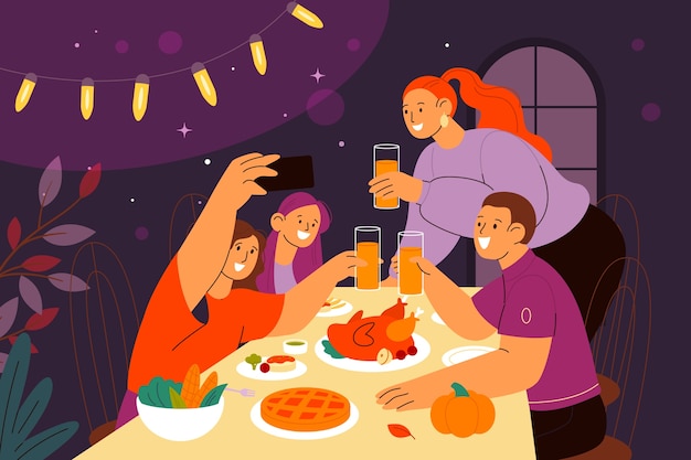 Gratis vector platte vriendschapsillustratie met vrienden die samen aan tafel eten