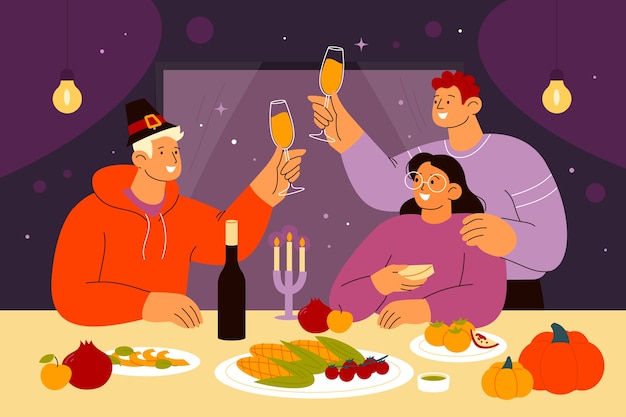 Gratis vector platte vriendschapsillustratie met vrienden die samen aan tafel eten